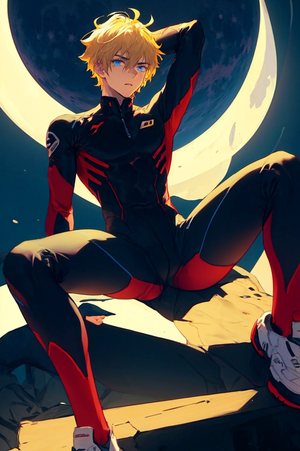 male_focus,1boy,male,bodysuit,sit,legs_apart,bulge,moon,arm behind head,blonde hair,blue eyes,