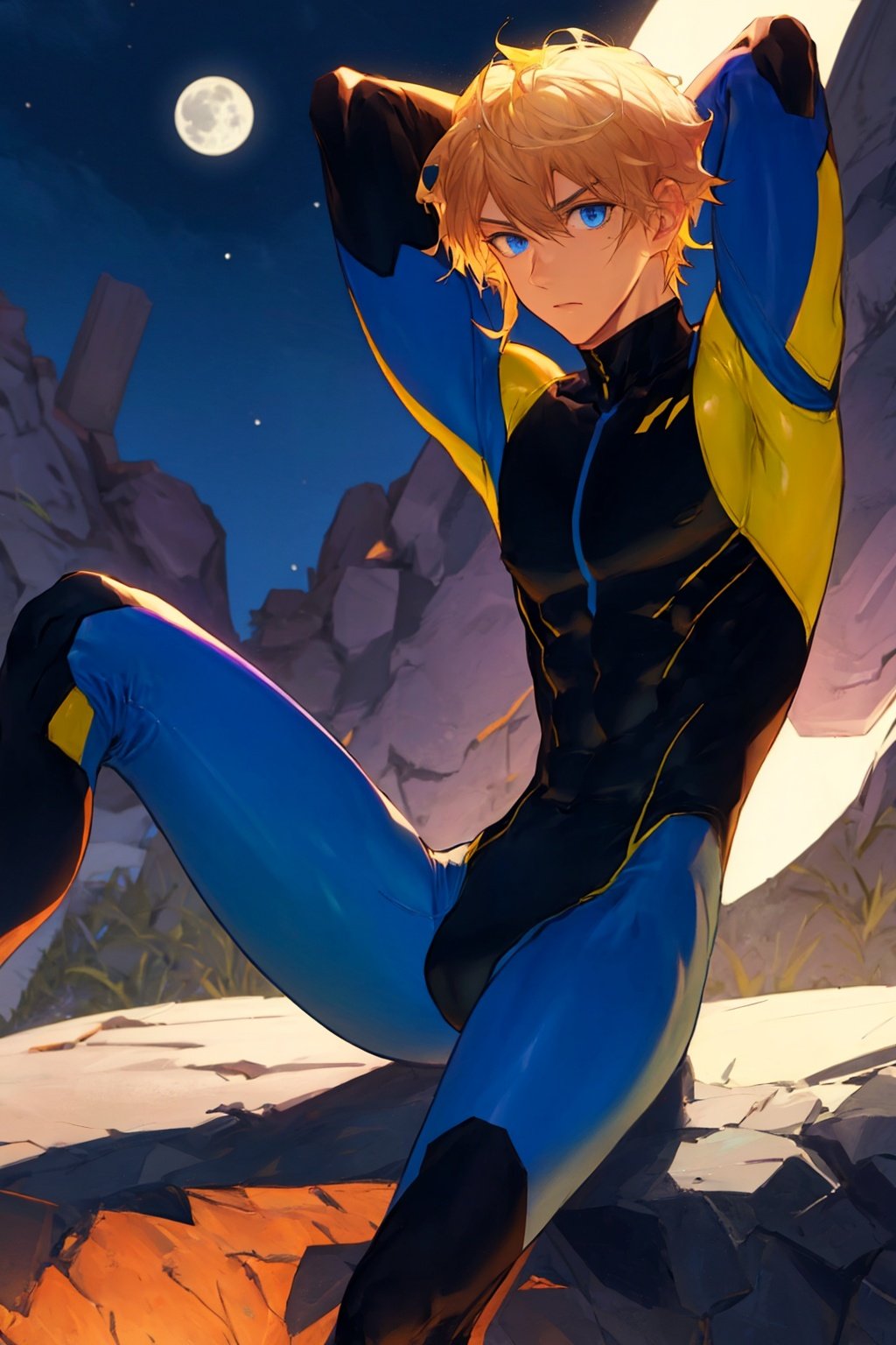 male_focus,1boy,male,bodysuit,sit,legs_apart,bulge,moon,arm behind head,blonde hair,blue eyes,