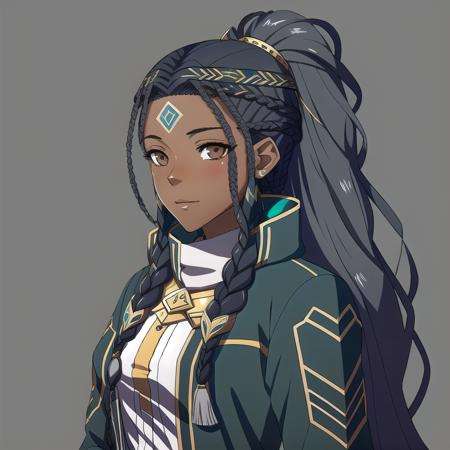 FE16, Fire Emblem, Fire Emblem Three Houses, Fire Emblem Warriors Three Hopes, simple background, grey background, light top left, Blazer with open front, 1 girl, dark skin, Teenager, Very Long Hair, Tri Braids, Streaked Hair, Dark Green Hair, Black Hair, (Happy:1.2), (Older:1.3)