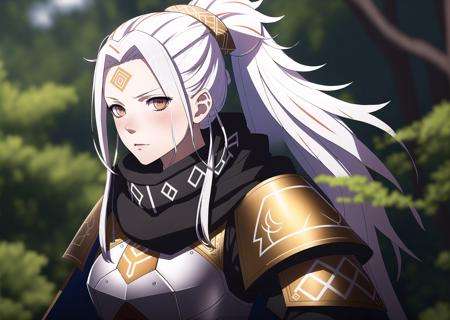 FE16, Fire Emblem, Fire Emblem Three Houses, Fire Emblem Warriors Three Hopes, simple background, grey background, light top left, 1 Girl, Loli, Aged Down, Very Long Hair, Cone Hair Bun, Multicolored Hair, White Hair, Brown Hair, angry, frowning,, wetlands, bog, grove, swamp, plant overgrowth, small waterfalls, rain, vines, subsurface scattering:1, ray traced:1.3 depth of field:0.9, bokeh:1.2, god rays:1.3, vivid colors:1.5, cinematic hard lighting:1, realistic shadows:1.2, (wide shot, very wide shot, blurry foreground, blurry background, perspective:1.2), (heavy armor, fur cape, scarf:1.2)