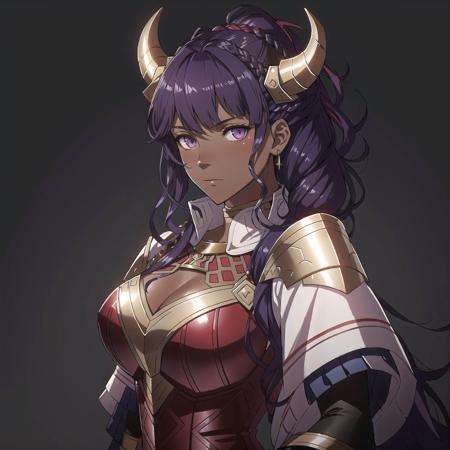 FE16, Fire Emblem, Fire Emblem Three Houses, Fire Emblem Warriors Three Hopes, simple background, grey background, light top left, Business Suit, Masterpiece, best quality, high detail, by Gaston Bussière, Claude Monet, Artstation, 1girl, solo focus, river of fire, lava, Hell, Angry, Wide-open eyes, Claw Pose, standing, Demon, demon girl, monster girl, demon horns, (dark red skinned girl:1.3), (Blue Eyes:0.8), large breasts, demonic clothing, Armored Clothes, Long Hair, French Braid, mature woman, Very Short Hair, Side Braid, Gradient Hair, Brown Hair, Purple Hair, (Happy:1.2), (Aged Up:1.2)