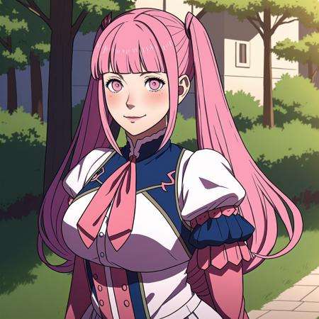 FE16, FE16-Style, Fire Emblem, Fire Emblem Three Houses, Fire Emblem Warriors Three Hopes, Blush, Young, Hilda (Fire Emblem), Hilda (Fire Emblem: Three Houses), Hilda (Fire Emblem: Three Hopes), 1girl, solo, hilda valentine goneril, long hair, pink hair, twintails, garreg mach monastery uniform, pink eyes, upper body, uniform, closed mouth, bangs, smile, breasts, blunt bangs, arms behind back, looking at viewer, medium breasts