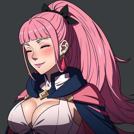 FE16, FE16-Style, Fire Emblem, Fire Emblem Three Houses, Fire Emblem Warriors Three Hopes, Blush, Aged Up, Hilda (Fire Emblem), Hilda (Fire Emblem: Three Houses), Hilda (Fire Emblem: Three Hopes), 1girl, hilda valentine goneril, breasts, solo, long hair, pink hair, one eye closed, cleavage, earrings, jewelry, pink eyes, upper body, large breasts, arms behind back, blush, cleavage cutout, ponytail, smile, clothing cutout, bangs, parted lips