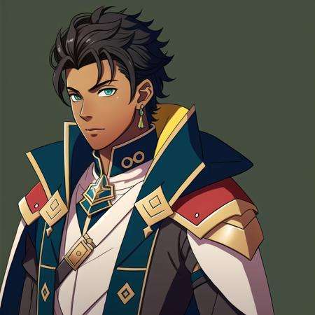 FE16, FE16-Style, Fire Emblem, Fire Emblem Three Houses, Fire Emblem Warriors Three Hopes, Angry, Young, Claude (Fire Emblem), Claude (Fire Emblem: Three Houses), Claude (Fire Emblem: Three Hopes), claude von riegan, 1boy, male focus, solo, garreg mach monastery uniform, green eyes, cape, jewelry, dark-skinned male, earrings, dark skin, braid, simple background, black hair, brown hair, upper body, green background