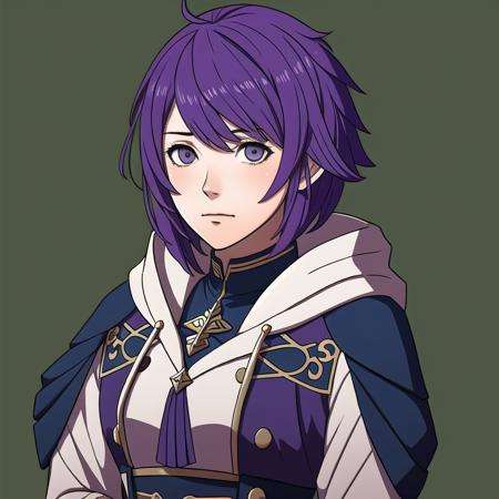 FE16, FE16-Style, Fire Emblem, Fire Emblem Three Houses, Fire Emblem Warriors Three Hopes, Angry, Young, Bernadetta (Fire Emblem), Bernadetta (Fire Emblem: Three Houses), Bernadetta (Fire Emblem: Three Hopes), 1girl, bernadetta von varley, solo, green background, garreg mach monastery uniform, purple hair, simple background, grey eyes, upper body, short hair, hood down, hood, long sleeves, uniform, closed mouth, looking at viewer, ahoge, epaulettes, frown, messy hair