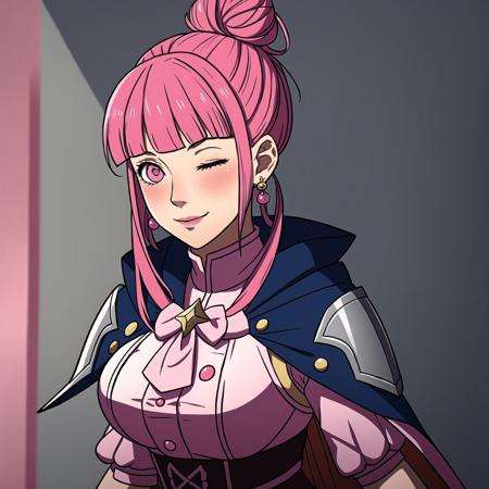 FE16, FE16-Style, Fire Emblem, Fire Emblem Three Houses, Fire Emblem Warriors Three Hopes, Blush, Older, Hilda (Fire Emblem), Hilda (Fire Emblem: Three Houses), Hilda (Fire Emblem: Three Hopes), 1girl, hilda valentine goneril, breasts, solo, cleavage, pink hair, official alternate costume, one eye closed, official alternate hairstyle, pink eyes, earrings, jewelry, hair bun, smile, blush, bangs, upper body, shoulder armor, alternate hairstyle, looking at viewer, cape, dress, ponytail, long hair, medium breasts, single hair bun, blunt bangs, parted lips, armor, alternate costume, short sleeves, large breasts