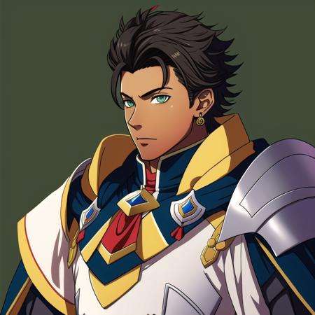 FE16, FE16-Style, Fire Emblem, Fire Emblem Three Houses, Fire Emblem Warriors Three Hopes, Angry, Older, Claude (Fire Emblem), Claude (Fire Emblem: Three Houses), Claude (Fire Emblem: Three Hopes), 1boy, male focus, claude von riegan, solo, green eyes, armor, jewelry, earrings, dark-skinned male, dark skin, upper body, green background, simple background, black hair, brown hair, shoulder armor, looking at viewer, ascot, cape