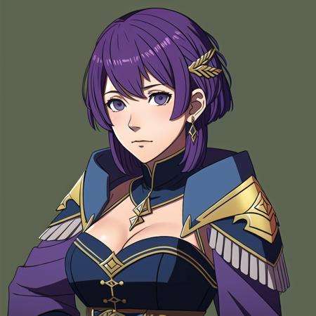 FE16, FE16-Style, Fire Emblem, Fire Emblem Three Houses, Fire Emblem Warriors Three Hopes, Angry, Aged Up, Bernadetta (Fire Emblem), Bernadetta (Fire Emblem: Three Houses), Bernadetta (Fire Emblem: Three Hopes), 1girl, bernadetta von varley, solo, purple hair, grey eyes, earrings, jewelry, breasts, cleavage, green background, upper body, short hair, simple background, gloves, closed mouth, small breasts, hair ornament, dress