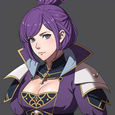 FE16, FE16-Style, Fire Emblem, Fire Emblem Three Houses, Fire Emblem Warriors Three Hopes, Angry, Older, Bernadetta (Fire Emblem), Bernadetta (Fire Emblem: Three Houses), Bernadetta (Fire Emblem: Three Hopes), bernadetta von varley, 1girl, purple hair, solo, grey eyes, gloves, breasts, green background, cleavage, topknot, short hair, simple background, upper body, long sleeves, closed mouth, forehead, medium breasts, small breasts, bangs pinned back, dress