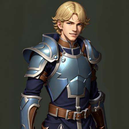 FE15, FE15-Style, Fire Emblem, Fire Emblem Shadows of Valentia, Clive (Fire Emblem), Clive (Fire Emblem Gaiden), Clive (Fire Emblem Echoes: Shadows of Valentia), (simple background, green background:1.3), 1boy, male focus, solo, blonde hair, mole, mole under mouth, armor, gloves, open mouth, green background, simple background, smile, teeth
