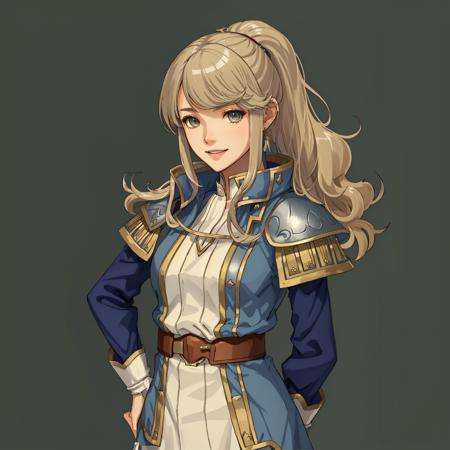 FE15, FE15-Style, Fire Emblem, Fire Emblem Shadows of Valentia, Clair (Fire Emblem), Clair (Fire Emblem Gaiden), Clair (Fire Emblem Echoes: Shadows of Valentia), simple background, green background, light top left, Nehru Jacket, 1Girl, Teenager, high ponytail, ponytail, wavy hair, Blonde hair, brown eyes, (Happy:1.3)