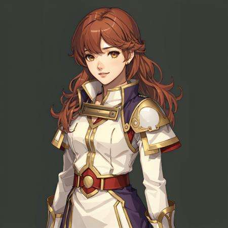 FE15, FE15-Style, Fire Emblem, Fire Emblem Shadows of Valentia, Celica (Fire Emblem), Celica (Fire Emblem Gaiden), Celica (Fire Emblem Echoes: Shadows of Valentia), simple background, green background, light top left, Nehru Jacket, 1Girl, Teenager, Double Bun, Multicolored Hair, Brown Hair, Blonde hair, (Happy:1.3)