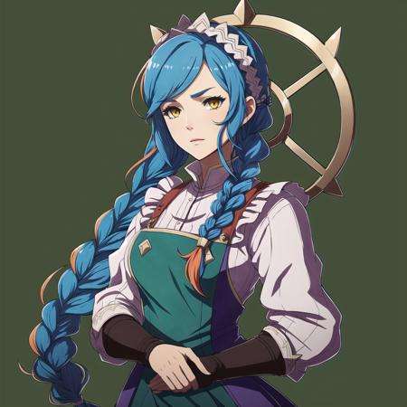 FE14, FE14-Style, Fire Emblem, Fire Emblem Fates, Human Sad, Lilith (Fire Emblem), Lilith (Fire Emblem: Fates), 1girl, solo, braid, blue hair, long hair, multicolored hair, yellow eyes, simple background, apron, red hair, single braid, green background, gradient hair, hair over shoulder, arms behind back, long sleeves, upper body
