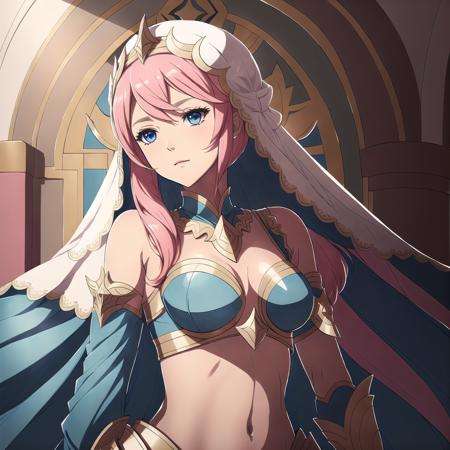 FE14, FE14-Style, Fire Emblem, Fire Emblem Fates, Serious 2, Layla (Fire Emblem), Layla (Fire Emblem: Fates), 1girl, solo, pink hair, blue eyes, veil, navel, short hair, bare shoulders, midriff, detached sleeves, jewelry, bracelet, armlet, upper body, see-through, blue eyes, white clothes