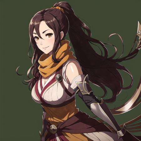 FE14, FE14-Style, Fire Emblem, Fire Emblem Fates, Smile, Kagero (Fire Emblem), Kagero (Fire Emblem: Fates), 1girl, solo, breasts, hair over one eye, cleavage, brown hair, long hair, scarf, brown eyes, weapon, simple background, ponytail, green background, large breasts, ninja, upper body, large breasts