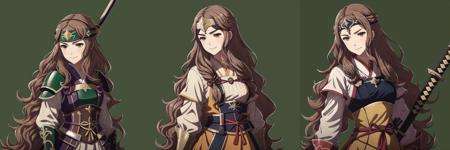 FE14, FE14-Style, Fire Emblem, Fire Emblem Fates, Hana, 1girl, solo, brown hair, long hair, weapon, sword, brown eyes, armor, headband, green background, simple background, katana, smile, sheath, japanese clothes, sheathed, wavy hair, gloves, upper body