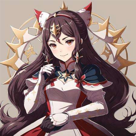 FE14, FE14-Style, Fire Emblem, Fire Emblem Fates, Smile, Mitama (Fire Emblem), Mitama (Fire Emblem: Fates), 1girl, solo, star-shaped pupils, star (symbol), gloves, brown eyes, paintbrush, long hair, twintails, calligraphy brush, capelet, fingerless gloves
