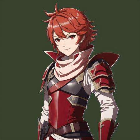 FE14, FE14-Style, Fire Emblem, Fire Emblem Fates, Confident, Hinoka (Fire Emblem), Hinoka (Fire Emblem: Fates), 1girl, solo, red hair, red eyes, smile, simple background, gloves, short hair, green background, armor, white scarf, upper body, shoulder armor, scarf, closed mouth