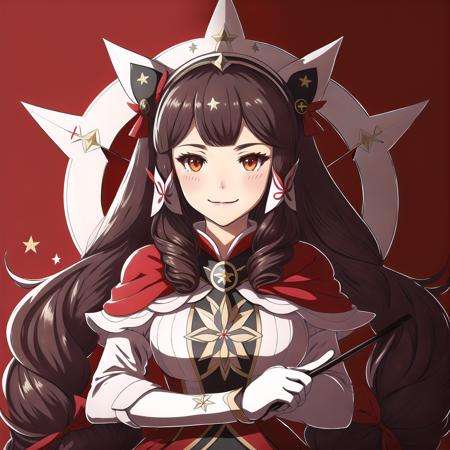 FE14, FE14-Style, Fire Emblem, Fire Emblem Fates, Smile, Mitama (Fire Emblem), Mitama (Fire Emblem: Fates), 1girl, solo, star-shaped pupils, star (symbol), gloves, brown eyes, paintbrush, symbol-shaped pupils, long hair, twintails, calligraphy brush, capelet, fingerless gloves
