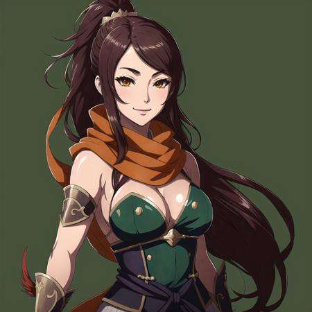 FE14, FE14-Style, Fire Emblem, Fire Emblem Fates, Smile, Kagero (Fire Emblem), Kagero (Fire Emblem: Fates), 1girl, solo, breasts, hair over one eye, cleavage, brown hair, long hair, scarf, brown eyes, weapon, simple background, ponytail, green background, large breasts, ninja, upper body, large breasts