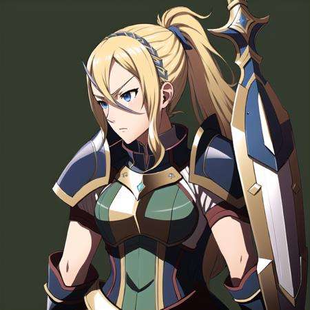 FE13, FE13-Style, Fire Emblem, Fire Emblem Awakening, serious, Flavia (Fire Emblem), Flavia (Fire Emblem: Awakening), 1girl, solo, weapon, shield, blonde hair, sword, armor, dark skin, ponytail, dark-skinned female, blue eyes, breastplate, simple background