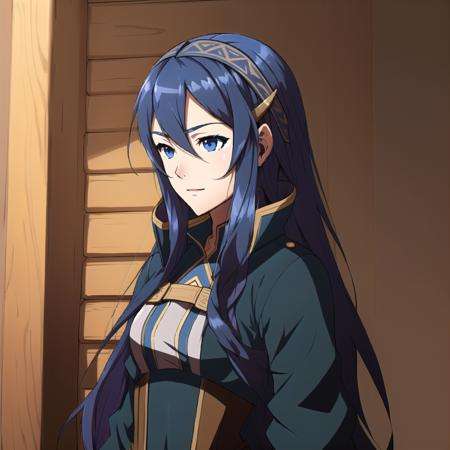 FE13, FE16, FE13-Style, Fire Emblem, Fire Emblem Awakening, sunrise, light top left, Lucina, 1 girl, Blue hair, Blue eyes, Teenager, Very Long Hair, Streaked Hair, Dark Blue Hair, (Happy:1.2)