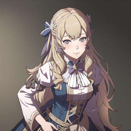 FE13, FE16, FE13-Style, Fire Emblem, Fire Emblem Awakening, norm, Maribelle \(Fire Emblem\), Maribelle \(Fire Emblem: Awakening\), 1girl, solo, blonde hair, bow, long hair, hair bow, drill hair, jewelry, earrings, gloves, dress, brown eyes, upper body, white bow, Constance \(Fire Emblem\), Constance \(Fire Emblem: Three Houses\)