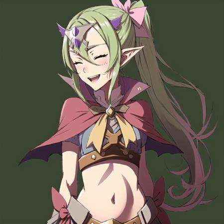 FE13, FE13-Style, Fire Emblem, Fire Emblem Awakening, smile, Nowi (Fire Emblem), Nowi (Fire Emblem: Awakening), 1girl, solo, pointy ears, closed eyes, long hair, open mouth, cape, green hair, navel, ahoge, gloves, smile, bow, simple background, ponytail, midriff, circlet, green background, jewelry, flat chest, pink bow, ^_^, :d, upper body, Nowi (Fire Emblem), Nowi (Fire Emblem: Awakening)