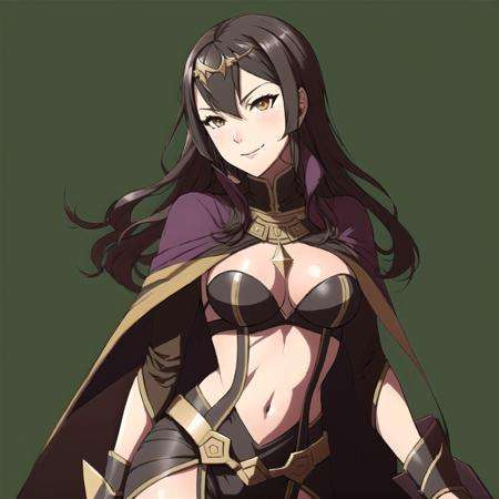 FE13, FE13-Style, Fire Emblem, Fire Emblem Awakening, glee, Tharja (Fire Emblem), Tharja (Fire Emblem: Awakening), 1girl, tharja (fire emblem), solo, black hair, cape, long hair, bridal gauntlets, jewelry, book, bracelet, two side up, black eyes, smile, tiara, simple background, bodysuit, covered navel, bangs, Tharja (Fire Emblem), Tharja (Fire Emblem: Awakening)