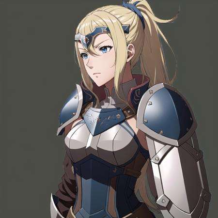 FE13, FE13-Style, Fire Emblem, Fire Emblem Awakening, serious, Flavia (Fire Emblem), Flavia (Fire Emblem: Awakening), 1girl, solo, weapon, shield, blonde hair, sword, armor, dark skin, ponytail, dark-skinned female, blue eyes, breastplate, simple background