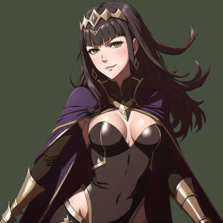 FE13, FE13-Style, Fire Emblem, Fire Emblem Awakening, glee, Tharja (Fire Emblem), Tharja (Fire Emblem: Awakening), 1girl, tharja (fire emblem), solo, black hair, cape, long hair, bridal gauntlets, jewelry, book, bracelet, two side up, black eyes, smile, tiara, simple background, bodysuit, covered navel, bangs, Tharja (Fire Emblem), Tharja (Fire Emblem: Awakening)