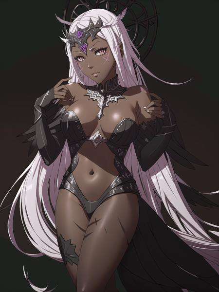 FE13, FE13-Style, Fire Emblem, Fire Emblem Awakening, tee hee, Aversa (Fire Emblem), Aversa (Fire Emblem: Awakening), 1girl, solo, breasts, long hair, feathers, white hair, cleavage, facial mark, dark skin, bridal gauntlets, dark-skinned female, large breasts, upper body, alter, candles, stained glass