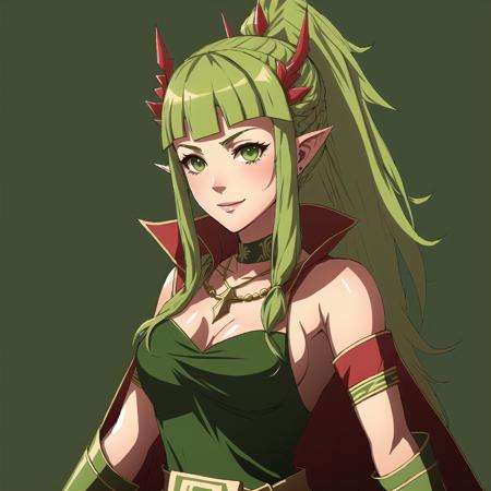 FE13, FE13-Style, Fire Emblem, Fire Emblem Awakening, glee, Tiki (Fire Emblem), Tiki (Fire Emblem: Awakening), 1girl, tiki (adult) (fire emblem), solo, tiki (fire emblem), pointy ears, breasts, green hair, green eyes, long hair, cape, ponytail, cleavage, hair ornament, dress, ribbon, smile, hair ribbon, medium breasts, jewelry, red dress, simple background, choker, tiara, Tiki (Fire Emblem), Tiki (Fire Emblem: Awakening)