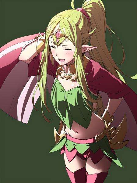 FE13, FE13-Style, Fire Emblem, Fire Emblem Awakening, smile, Nowi (Fire Emblem), Nowi (Fire Emblem: Awakening), 1girl, solo, pointy ears, long hair, open mouth, blonde hair, green hair tips, cape, green hair, navel, ahoge, gloves, smile, bow, simple background, ponytail, midriff, circlet, green background, jewelry, flat chest, pink bow, ^_^, :d, upper body, pink shorts