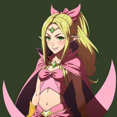 FE13, FE13-Style, Fire Emblem, Fire Emblem Awakening, smile, Nowi (Fire Emblem), Nowi (Fire Emblem: Awakening), 1girl, solo, pointy ears, long hair, open mouth, blonde hair, green hair tips, cape, green hair, navel, ahoge, gloves, smile, bow, simple background, ponytail, midriff, circlet, green background, jewelry, flat chest, pink bow, ^_^, :d, upper body, pink shorts