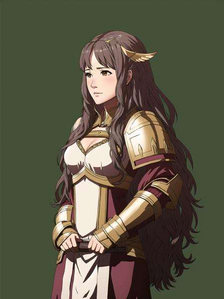 FE13, FE13-Style, Fire Emblem, Fire Emblem Awakening, angry, Sumia (Fire Emblem), Sumia (Fire Emblem: Awakening), 1girl, solo, long hair, armor, weapon, brown hair, breastplate, polearm, hair ornament, gauntlets, shoulder armor, pauldrons, upper body, brown eyes, boobplate, Sumia (Fire Emblem), Sumia (Fire Emblem: Awakening)