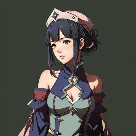 Fire Emblem, Catria (Fire Emblem), Catria (Fire Emblem Gaiden), Catria (Fire Emblem Echoes: Shadows of Valentia), (simple background, green background:1.3), light top left, flowery dress, hat, 1Girl, Teenager, Double Bun, Multicolored Hair, Black Hair, Pink Hair, (Happy:1.3)