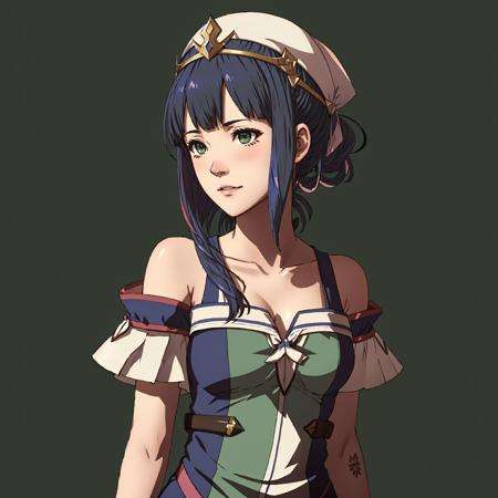 Fire Emblem, Catria (Fire Emblem), Catria (Fire Emblem Gaiden), Catria (Fire Emblem Echoes: Shadows of Valentia), (simple background, green background:1.3), light top left, flowery dress, hat, 1Girl, Teenager, Double Bun, Multicolored Hair, Black Hair, Pink Hair, (Happy:1.3)