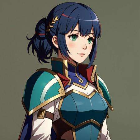 Fire Emblem, Catria (Fire Emblem), Catria (Fire Emblem Gaiden), Catria (Fire Emblem Echoes: Shadows of Valentia), (simple background, green background:1.3), light top left, heavy armor, helmet, 1Girl, Teenager, Double Bun, Multicolored Hair, Black Hair, Pink Hair, (Happy:1.3)