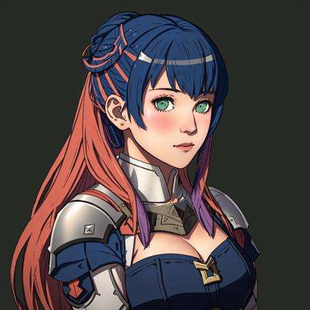 Fire Emblem, Catria (Fire Emblem), Catria (Fire Emblem Gaiden), Catria (Fire Emblem Echoes: Shadows of Valentia), (simple background, green background:1.3), light top left, Armor, 1Girl, Teenager, Double Bun, Multicolored Hair, Black Hair, Pink Hair, (Happy:1.3)