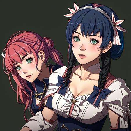Fire Emblem, Catria (Fire Emblem), Catria (Fire Emblem Gaiden), Catria (Fire Emblem Echoes: Shadows of Valentia), (simple background, green background:1.3), light top left, flowery dress, hat, 1Girl, Teenager, Double Bun, Multicolored Hair, Black Hair, Pink Hair, (Happy:1.3)