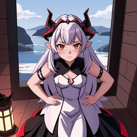 VeyleEvil, Veyle \(fire emblem\), Veyle \(Fire Emblem Engage\), 1girl, long hair, solo, dress, horns, white hair, very long hair, claws, red eyes, dark persona, black dress BREAK Frowning, Dust storm, Hands on hips BREAK High-quality normal mapping, subsurface scattering v2, eyelid shadows, lip compression, dynamic facial asymmetry, translucency, backscattered light, artistic portrait lighting