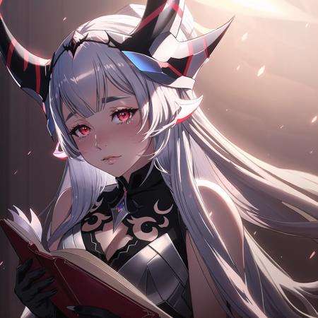 FE16, VeyleEvil, Veyle \(fire emblem\), Veyle \(Fire Emblem Engage\), 1girl, simple background, long hair, solo, dress, horns, white hair, very long hair, claws, red eyes, dark persona, black dress BREAK Crying, Magnetic storm, Holding a book or device, reading BREAK Physically-based lip shading, high-quality eyebrow rendering, advanced facial rigging, real-time translucency, skin imperfection mapping, portrait-specific post-processing, artistic color palettes, portrait-focused depth of field