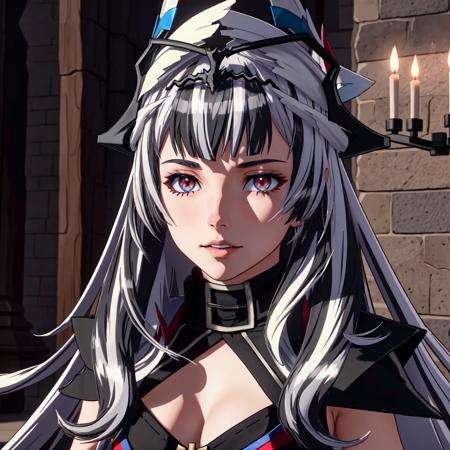 VeyleEvil, Veyle \(fire emblem\), Veyle \(Fire Emblem Engage\), 1girl, red eyes, black hair, multicolored hair, candle, solo, bangs, grey hair, closed mouth, streaked hair, indoors, two-tone hair, long hair BREAK Confused, Whirlwind of leaves, Kneeling down BREAK Microgeometry, skin elasticity, light scattering through hair, ambient occlusion, multi-layer skin shading, facial muscle simulation, iris and pupil rendering, advanced color grading
