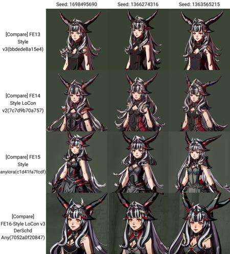 Fe16, FE16 Style, Fire Emblem, (Simple background, Green background:1.3), VeyleEvil, Veyle \(fire emblem\), Veyle \(Fire Emblem Engage\), 1girl, solo BREAK (red eyes:1.3), long hair, smile, horns, (multicolored hair, black hair, grey hair:1.3), cleavage cutout, clothing cutout, (small breasts, flat chest, child:1.2), bangs