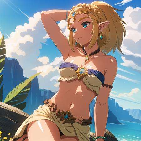 ZeldaTOTK, princess zelda, 1girl, jewelry, pointy ears, blonde hair, crown braid, short hair, triforce, solo, earrings, strapless, bare shoulders, bikini, braid, strapless bikini, necklace, bracelet, upper body, blue eyes, armlet, looking at viewer, thick eyebrows, alternate costume, hair ornament, hairclip, collarbone BREAK Bored BREAK Dynamic time of day, physically-based sky, real-time cloud rendering, environmental reflections, procedural weather effects, color grading, terrain shading, soft shadows BREAK Dreamer's meadow, soft clouds, gentle breezes, whimsical flowers, serene, idyllic BREAK ____