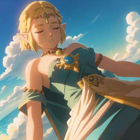 ZeldaTOTK, solo, princess zelda, 1girl, jewelry, blonde hair, pointy ears, link, earrings, from below, sky, closed eyes, cloud, short hair, bare shoulders, day, strapless, outstretched arm, blue sky, necklace, cosplay, falling, falling backwards, in the sky, unconscience, falling towards the ground, falling from sky, top down view, lying