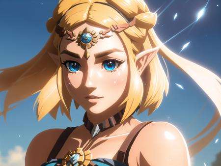 ZeldaTOTK, princess zelda, SFW, (1girl, solo focus:1.2), Happy BREAK Realistic character shading, high-quality specular highlights, particle effects, expressive body language, high dynamic range, context-aware animation, advanced color toning, motion blur BREAK Long layers, face-framing, versatile, timeless BREAK, (detailed eyes+face:1.3)