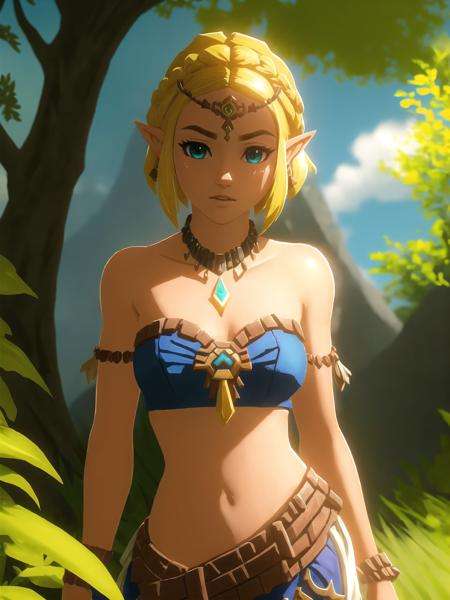 ZeldaTOTK, princess zelda, 1girl, jewelry, pointy ears, blonde hair, crown braid, short hair, triforce, solo, earrings, strapless, bare shoulders, bikini, braid, strapless bikini, necklace, bracelet, upper body, blue eyes, armlet, looking at viewer, thick eyebrows, alternate costume, hair ornament, hairclip, collarbone BREAK Disgusted BREAK Procedural landscape generation, fantasy-specific post-processing effects, advanced cloud shading, dynamic foliage, adaptive environment reflections, light probes, multi-bounce indirect lighting, color harmony BREAK High-quality normal mapping, subsurface scattering v2, eyelid shadows, lip compression, dynamic facial asymmetry, translucency, backscattered light, artistic portrait lighting