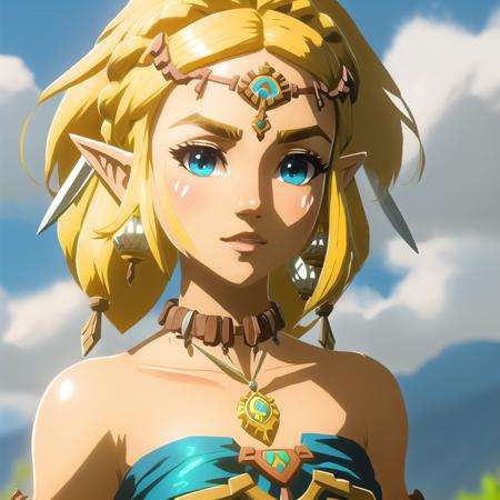 ZeldaTOTK, princess zelda, 1girl, jewelry, pointy ears, blonde hair, crown braid, short hair, triforce, solo, earrings, english text, strapless, bare shoulders, dress, braid, strapless dress, necklace, bracelet, link, upper body, gloves, blue eyes, armlet, outstretched arm, looking at viewer, thick eyebrows, alternate costume, hair ornament, hairclip, collarbone